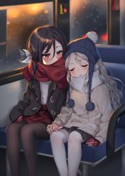 Rule 34 | 2girls, black hair, black jacket, black legwear, black skirt, blue headwear, blush, brown eyes, closed eyes, commentary request, covered mouth, feet out of frame, hair between eyes, hair ribbon, hajin, highres, holding hands, indoors, jacket, long hair, long sleeves, miniskirt, mittens, multiple girls, open clothes, open jacket, original, pantyhose, parted lips, plaid, plaid skirt, pom pom (clothes), red mittens, red scarf, red skirt, reflection, ribbon, scarf, seat, silver hair, sitting, skirt, sleeping, sleeves past wrists, sweater, thighs, white legwear, white ribbon, white scarf, white sweater, window, yuri