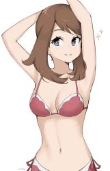 Rule 34 | 1girl, armpits, arms up, artist name, bikini, blue eyes, breasts, brown hair, cleavage, commentary, creatures (company), english commentary, eyelashes, game freak, highres, light blush, long hair, may (pokemon), milka (milk4ppl), navel, nintendo, parted lips, pink bikini, pokemon, pokemon: lucario and the mystery of mew, pokemon (anime), pokemon rse (anime), smile, solo, sparkle, swimsuit, white background