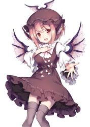 Rule 34 | 1girl, animal ears, bird wings, breasts, brown dress, brown hat, commentary request, dress, earrings, fingernails, hand on own chest, hat, jewelry, knees together feet apart, long fingernails, looking at viewer, medium breasts, mystia lorelei, petticoat, pink hair, reaching, red eyes, risui (suzu rks), short dress, simple background, smile, solo, teeth, thighhighs, touhou, twitter username, upper teeth only, white background, wings