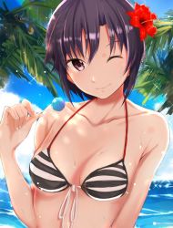 Rule 34 | 1girl, bikini, black hair, breasts, candy, cleavage, closed mouth, collarbone, day, food, front-tie bikini top, front-tie top, hair between eyes, halterneck, idolmaster, idolmaster (classic), kikuchi makoto, lollipop, ocean, outdoors, purple eyes, ribbon, short hair, small breasts, smile, solo, sparkle, striped bikini, striped clothes, summer, suzumo70, swimsuit, upper body, white ribbon