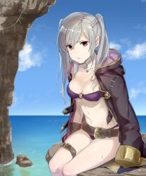 Rule 34 | 1girl, :d, bikini, blush, breasts, brown gloves, cleavage, cloud, collarbone, commentary request, day, fire emblem, fire emblem awakening, gloves, haru (nakajou-28), jewelry, long hair, medium breasts, navel, necklace, nintendo, o-ring, o-ring bikini, ocean, open mouth, purple bikini, purple eyes, robe, robin (female) (fire emblem), robin (fire emblem), rock, sitting, sitting on rock, sky, smile, solo, swimsuit, twintails, white hair