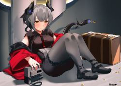 Rule 34 | 1girl, arknights, artist name, bare shoulders, black dress, black footwear, blush, breasts, dragon girl, dragon horns, dragon tail, dress, ert raitsui, full body, fur-trimmed dress, fur trim, grey hair, grey pantyhose, highres, horns, jacket, liskarm (arknights), liskarm (spring vouivre) (arknights), long sleeves, looking at viewer, lying, medium breasts, official alternate costume, on back, open clothes, open jacket, orange eyes, pantyhose, parted lips, red jacket, short hair, short ponytail, solo, suitcase, tail, v-shaped eyebrows