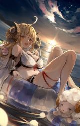 Rule 34 | 1girl, absurdres, ahoge, anila (granblue fantasy), backlighting, barefoot, bikini, black ribbon, blonde hair, breasts, cloud, commentary, detached sleeves, draph, flower, gradient sky, granblue fantasy, hair flower, hair ornament, highres, horns, innertube, knees up, large breasts, long hair, looking at viewer, ocean, open mouth, outdoors, pink flower, ribbon, ribbon-trimmed bikini, sheep, sheep horns, shiro wa (shiroshironix), short eyebrows, sky, smile, sunset, swim ring, swimsuit, teeth, thick eyebrows, thighs, upper teeth only, white bikini, white sleeves, wide sleeves, yellow eyes