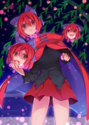 Rule 34 | 1girl, akagashi hagane, bow, cape, disembodied head, hair bow, headless, long sleeves, looking at viewer, miniskirt, multiple heads, open mouth, pointing, pointing at viewer, red eyes, red hair, sekibanki, shaded face, shirt, skirt, smile, solo, thighs, touhou