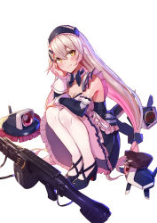 Rule 34 | 1girl, 5.56x45mm nato, alternate costume, ammunition, ammunition belt, ammunition box, apron, belt-fed, black bow, black footwear, blush, bow, bow choker, breasts, bullet, carbine cartridge, character name, choker, cleavage, collarbone, corset, detached sleeves, dinergate (girls&#039; frontline), dmr cartridge, enmaided, frilled choker, frilled skirt, frills, full body, girls&#039; frontline, gun, h&amp;k mg4, hair between eyes, hair ornament, hairclip, hat, head in hand, head rest, head tilt, heckler &amp; koch, highres, holding, holding mop, holding shoes, intermediate cartridge, light machine gun, lmg cartridge, long hair, looking at viewer, low twintails, m27 link, machine gun, magazine (weapon), maid, maid apron, maid headdress, medium breasts, mg4 (girls&#039; frontline), mop, pantyhose, peaked cap, ranyu, rifle cartridge, shoes, sidelocks, silver hair, simple background, skirt, smile, solo, squatting, twintails, very long hair, weapon, white background, white pantyhose, yellow eyes