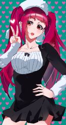 1girl absurdres black_dress bleach blush breasts collarbone dokugamine_riruka dress hat heart heart_background highres irozuu long_hair looking_at_viewer open_mouth pink_eyes pink_hair shiny_skin simple_background single_sidelock solo twintails v