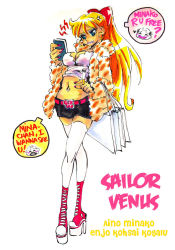 Rule 34 | 1990s (style), 1girl, aino minako, anger vein, bag, bishoujo senshi sailor moon, blonde hair, blue eyes, boots, bow, breasts, cellphone, cigarette, cleavage, coat, crop top, cross-laced footwear, earrings, fur coat, gyaru, hair bow, hoop earrings, jewelry, kogal, lace-up boots, lipstick, makeup, medium breasts, miniskirt, nail polish, navel, navel piercing, out of character, phone, piercing, platform footwear, platform heels, ponytail, rafchu, red bow, retro artstyle, shopping bag, skirt, smoking, solo, tan, thighhighs, white thighhighs