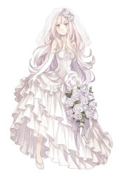 Rule 34 | 1girl, bad id, bad pixiv id, blush, bouquet, bride, copyright request, dress, flower, full body, gloves, gown, gradient hair, hair ornament, layered dress, long hair, multicolored hair, pink eyes, pink hair, shoes, simple background, skirt hold, smile, strapless, strapless dress, veil, wedding dress, white background, white dress, white theme, yuzuki karu
