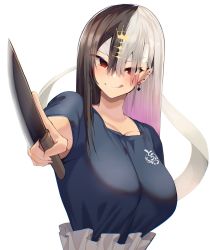 Rule 34 | 1girl, black hair, blue shirt, breasts, closed mouth, collarbone, drop earrings, ear piercing, earrings, gradient hair, grey hair, hair between eyes, highres, holding, holding knife, jewelry, kitchen knife, knife, large breasts, long bangs, long hair, looking at viewer, mole, mole under eye, multicolored hair, original, piercing, pink hair, pointing, red eyes, satou daiji, shirt, smile, solo, tongue, tongue out, towa (towa akqj10), upper body, virtual youtuber, white background