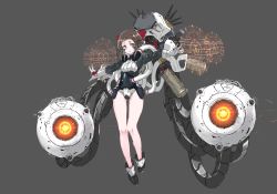 Rule 34 | 1girl, bare legs, bow, brown hair, commentary request, full body, gloves, glowing, gluteal fold, green eyes, grey background, hair bow, highres, holographic interface, long hair, looking at viewer, mecha musume, oota youjo, original, outstretched arms, parted lips, simple background, solo, spread arms, standing, white gloves