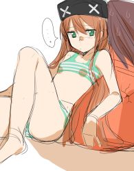 Rule 34 | ..., 1boy, 1girl, bra, brown hair, commentary, el mofus (brown hair female), green eyes, hanny, hat, highres, leaning back, long hair, looking at viewer, nagata-kun, panties, rance (series), rance 10, shadow, sicosour2, simple background, sitting, sketch, speech bubble, striped bra, striped clothes, striped panties, underwear, underwear only, white background