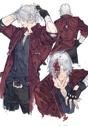 Rule 34 | 1boy, belt, bishounen, black gloves, blood, blood in hair, blood on face, blue eyes, brown belt, coat, dante (devil may cry), devil may cry (series), fingerless gloves, gloves, gougougougou, hair tie, highres, holding, jacket, long hair, looking at viewer, male focus, multiple views, old, old man, pants, ponytail, red coat, simple background, smile, standing, white hair