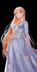 Rule 34 | 1girl, black background, blonde hair, blue eyes, closed mouth, collar, dress, highres, long hair, long sleeves, rachel elizabeth louise, serious, solo, the novels extra, very long hair, white dress