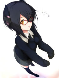 Rule 34 | 10s, 1girl, bespectacled, blush, eyepatch, glasses, headgear, kantai collection, necktie, open mouth, personification, purple hair, school uniform, short hair, skirt, sleeves past wrists, solo, sora to umi, sweater, tenryuu (kancolle), thighhighs, tongue, tongue out, yellow eyes