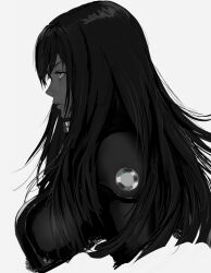 Rule 34 | 1girl, black hair, breasts, cropped torso, from side, gantz, greyscale, inoitoh, large breasts, limited palette, long hair, looking ahead, monochrome, muted color, parted lips, profile, shimohira reika, simple background, solo, upper body, white background