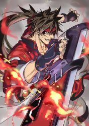 Rule 34 | 1boy, brown hair, commentary request, cowboy shot, fingerless gloves, fire, fireseal, forehead protector, gloves, grin, guilty gear, jacket, long hair, male focus, ponytail, red eyes, red jacket, saeki shun, smile, sol badguy, solo, sword, weapon