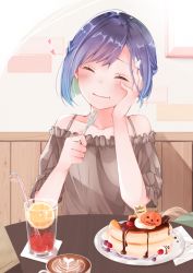 Rule 34 | 1girl, artist request, bare shoulders, blue hair, blush, bob cut, brown shirt, cake, cheesecake, chocolate syrup, coffee, commentary, cup, darling in the franxx, drink, drinking glass, drinking straw, eating, closed eyes, foam, food, foodgasm, fork, hair ornament, hairclip, hand on own face, heart, ichigo (darling in the franxx), jack-o&#039;-lantern, light smile, mina (mina k 13), off shoulder, pumpkin, raised eyebrows, shirt, short hair, solo, table, upper body