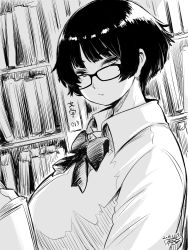 Rule 34 | 1girl, black hair, book, bookshelf, bow, bowtie, breasts, dress shirt, expressionless, glasses, greyscale, hakaden, highres, large breasts, looking at viewer, monochrome, original, shirt, short hair, sketch, solo, upper body