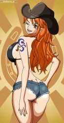 Rule 34 | 1girl, ass, bikini, bikini top only, breasts, butt crack, cowboy hat, darkuro 27, denim, denim shorts, female focus, hand on own hip, hat, highres, large breasts, looking at viewer, looking back, nami (one piece), one eye closed, one piece, open mouth, short shorts, shorts, sideboob, smile, solo, swimsuit