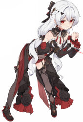 Rule 34 | 1girl, bare shoulders, black dress, black thighhighs, bound, bound wrists, breasts, covered navel, detached sleeves, dress, flamenco dress, garter straps, hair between eyes, hair ornament, highres, honkai (series), honkai impact 3rd, leaning forward, long hair, looking at viewer, red eyes, small breasts, solo, tama (tamatamo), theresa apocalypse, theresa apocalypse (lunar vow: crimson love), thighhighs, white hair