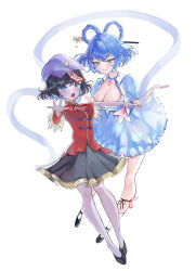 Rule 34 | 2girls, :o, absurdres, alternate hairstyle, arms up, bad perspective, black hair, blue choker, blue dress, blue eyes, blue hair, blush, braided hair rings, breasts, cabbie hat, choker, cleavage, colored skin, commentary request, daisy, dress, estelle8js, fang, flower, flower request, full body, gold trim, grey skin, hagoromo, hair ornament, hair rings, hair stick, hands up, hat, hat ornament, highres, jiangshi, kaku seiga, large breasts, light smile, looking ahead, looking at another, medium breasts, miyako yoshika, multiple girls, ofuda, open mouth, outstretched arms, parted lips, pink flower, puffy short sleeves, puffy sleeves, red shirt, shawl, shirt, short hair, short sleeves, simple background, star (symbol), star hat ornament, teeth, touhou, white background, white flower, wing collar, zombie pose