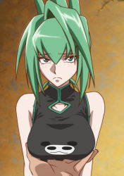 Rule 34 | 1girl, bare arms, grabbing another&#039;s breast, breasts, china dress, chinese clothes, closed mouth, dress, grabbing, green eyes, green hair, hair between eyes, high ponytail, highres, kyabakurabakufu, large breasts, looking at viewer, matching hair/eyes, pov, pov hands, shaman king, simple background, standing, tao jun, upper body
