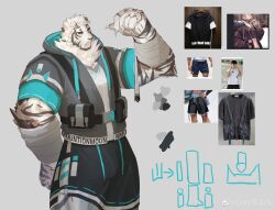 Rule 34 | 1boy, alternate costume, animal ears, arknights, bara, black shorts, bulge, casual, facial hair, feet out of frame, fingernails, furry, furry male, goatee, hands up, highres, hood, hood down, hooded jacket, jacket, large hands, male focus, mountain (arknights), muscular, muscular male, onlybwg3, reference inset, scar, scar across eye, scar on arm, sharp fingernails, short hair, shorts, solo, standing, thick eyebrows, thick thighs, thighs, tiger boy, tiger ears, white hair