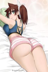 Rule 34 | 1girl, absurdres, amano megumi, amano megumi wa suki darake!, artist name, ass, back, bead, blue bra, blush, bra, breast press, breasts, bright pupils, brown hair, colorized, derivative work, gaston18, green eyes, hair between eyes, highres, hugging object, large breasts, long hair, looking at viewer, looking back, lying, micro shorts, nekoguchi, on bed, on stomach, pillow, pillow hug, pink shorts, ponytail, shorts, smile, solo, sports bra, striped clothes, striped shorts, thighs, towel, towel on head, underwear