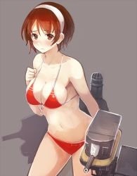 Rule 34 | 10s, 1girl, bare shoulders, bikini, blush, breasts, brown eyes, brown hair, cannon, cleavage, front-tie top, hairband, kantai collection, leaning forward, mecha musume, natori (kancolle), navel, red bikini, short hair, simple background, solo, sumisu (mondo), swimsuit, turret