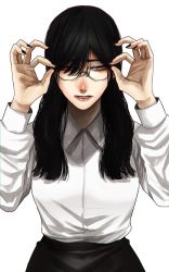 Rule 34 | 1girl, black hair, black skirt, collared shirt, commentary request, glasses, grey eyes, hair between eyes, highres, hoshi san 3, long hair, long sleeves, mole, mole under eye, mole under mouth, original, parted lips, pencil skirt, shirt, simple background, skirt, solo, upper body, white background, wrist cutting, yamifuka-san (hoshi san 3)