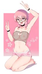 Rule 34 | 1girl, armpits, bracelet, collar, double v, earrings, feet, fishnets, glasses, highres, jewelry, kneeling, looking at viewer, navel, neku397, nipples, open mouth, original, pink hair, ponytail, self-upload, shorts, simple background, v
