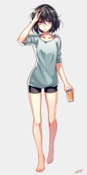 Rule 34 | 1girl, bare legs, barefoot, black hair, can, casual, drink can, feet, messy hair, milcho, original, purple eyes, shirt, sketch, soda can, solo, t-shirt, white shirt