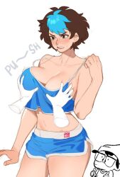 Rule 34 | 1boy, 1girl, 1other, ambiguous gender, artist self-insert, blue camisole, blue hair, blue shorts, blush, borrowed character, breasts, brown eyes, camisole, cleavage, collarbone, disembodied limb, double thumbs up, earrings, facial hair, glasses, groin, groping, gym shorts, hair behind ear, jewelry, large breasts, midriff, mole, mole under mouth, multicolored hair, navel, original, short hair, shorts, snowcie, solo focus, streaked hair, stubble, thumbs up, v-shaped eyebrows, white background