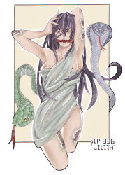 Rule 34 | 1girl, ancient greek clothes, armpits, arms up, black hair, breasts, cobra (animal), fangs, foreign wine, gagged, highres, himation, hip focus, large breasts, long hair, monster girl, open mouth, scales, scp-336, scp foundation, slit pupils, snake, solo, toga, yellow eyes