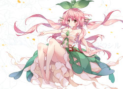 Rule 34 | 1girl, bare legs, bare shoulders, blush, breasts, brown eyes, cleavage, dress, granblue fantasy, hair ornament, hair stick, leaf, leaf on head, long hair, looking at viewer, low twintails, medium breasts, monster girl, pink dress, pink hair, plant girl, pointy ears, reina (black spider), smile, solo, twintails, yggdrasill (granblue fantasy)