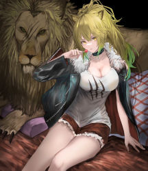 Rule 34 | 1girl, animal ears, arknights, black jacket, blonde hair, breasts, candy, cleavage, commentary, food, fur-trimmed jacket, fur trim, holding, jacket, large breasts, lion, lion ears, long hair, looking at viewer, okayannosuke, ponytail, red shorts, shirt, shorts, siege (arknights), sitting, sleeveless, sleeveless shirt, solo, tank top, white shirt, white tank top, yellow eyes