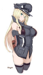 Rule 34 | 1girl, absurdres, arms behind back, bare shoulders, bismarck (kancolle), blonde hair, blue eyes, box, breasts, cropped legs, detached sleeves, gift, gift box, hair between eyes, hat, highres, holding, holding gift, kantai collection, large breasts, long hair, looking at viewer, military, military hat, military uniform, one-hour drawing challenge, peaked cap, ryo (tg290), thighhighs, twitter username, uniform, valentine, white background