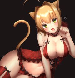 Rule 34 | 1girl, :d, ahoge, animal ears, arm ribbon, babydoll, bare shoulders, black background, black ribbon, blonde hair, blush, bow, bow panties, braid, breasts, cat ears, cat tail, cleavage, fang, fate/extra, fate/extra ccc, fate (series), frilled panties, frills, green eyes, hair between eyes, hair intakes, heart, highres, large breasts, looking at viewer, navel, nero claudius (fate), nero claudius (fate) (all), nero claudius (fate/extra), open mouth, panties, paw pose, red babydoll, red panties, red thighhighs, ribbon, simple background, skindentation, smile, solo, tail, thighhighs, underwear, yayoi maka