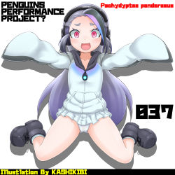 Rule 34 | 10s, 1girl, :d, artist name, bad id, bad pixiv id, black hair, character name, commentary request, english text, engrish text, giant penguin (kemono friends), group name, headphones, kemono friends, kurosawa (kurosawakyo), long hair, open mouth, panties, penguins performance project (kemono friends), pink eyes, ranguage, red eyes, single hair intake, smile, solo, underwear, very long hair, zipper