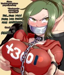 Rule 34 | 1boy, 1girl, anger vein, bdsm, black collar, bondage, bound, breasts, castagno, chain, chain leash, collar, commentary, ear piercing, english commentary, english text, gag, grabbing, grabbing another&#039;s breast, grabbing from behind, green eyes, grey hair, hetero, highres, hood, hoodie, impossible clothes, impossible sweater, improvised gag, issa castagno (character), large breasts, leash, original, piercing, ponytail, red hoodie, red sweater, rope, shibari, slave, sweater, tape, tape gag