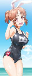 Rule 34 | 10s, 1girl, abe nana, animal ears, blue sky, breasts, brown hair, cloud, collarbone, day, heart, henshako, highres, idolmaster, idolmaster cinderella girls, large breasts, ocean, one-piece swimsuit, open mouth, ponytail, rabbit ears, red eyes, school swimsuit, shiny clothes, skindentation, sky, solo, swimsuit