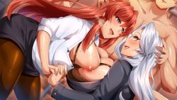 Rule 34 | 1boy, 2girls, akiyama rina (break! the rematch), bisexual female, blurry, blurry background, blush, bra, bra pull, break! the rematch part 1, breast press, breasts, breath, clothed female nude male, clothes pull, formal, game cg, hands on another&#039;s head, highres, holding hands, huge breasts, indoors, interlocked fingers, legs, long hair, looking at another, magukappu, multiple girls, nipples, nude, open clothes, open mouth, original, pantyhose, purple eyes, red hair, shirt, silver hair, skirt, smile, standing, suit, thighs, unbuttoned, uncensored, underwear, white shirt, yellow eyes