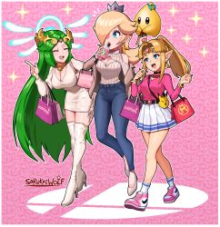 Rule 34 | 3girls, absurdres, alternate costume, alternate hairstyle, bag, blonde hair, boots, breasts, casual, cleavage, cleavage cutout, clothing cutout, contemporary, crown, denim, floating, green hair, hair over one eye, high heel boots, high heels, highres, jacket, jeans, kid icarus, kid icarus uprising, long hair, luma (mario), mario (series), mini crown, miniskirt, multiple girls, nintendo, palutena, pants, pleated skirt, pointy ears, ponytail, princess zelda, rosalina, sarukaiwolf, shoes, shopping bag, shoulder cutout, skirt, smile, sneakers, star cutout, super mario galaxy, super smash bros., the legend of zelda, the legend of zelda: a link between worlds, thigh boots, thighhighs, tiara, turtleneck, very long hair, walking