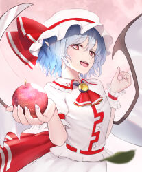 Rule 34 | 1girl, absurdres, apple, blue hair, fangs, food, fruit, hat, hat ribbon, highres, holding, holding food, holding fruit, leaf, looking at viewer, mob cap, open mouth, pointy ears, red eyes, remilia scarlet, ribbon, sharc, shirt, short hair, short sleeves, skirt, smile, solo, standing, touhou, white hat, white shirt, white skirt, white wrist cuffs, wings, wrist cuffs