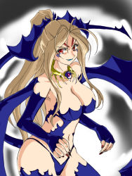 Rule 34 | 1girl, aa megami-sama, bat wings, belldandy, blonde hair, breasts, cleavage, corruption, demon girl, eyeshadow, facial mark, fang, female focus, forehead mark, jewelry, large breasts, lipstick, long hair, makeup, marller, nail polish, navel, necklace, ponytail, red eyes, smile, solo, transformation, wings