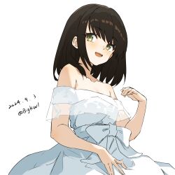 1girl absurdres alternate_costume bare_shoulders bigkwl black_hair brown_eyes dated dress fubuki_(kancolle) highres kantai_collection looking_at_viewer medium_hair one-hour_drawing_challenge open_mouth simple_background smile solo sundress twitter_username upper_body white_background white_dress