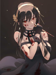 Rule 34 | 1girl, amco, bare shoulders, black dress, black gloves, black hair, blood, blood on arm, blood on clothes, blood on face, blood on hands, blush, breasts, cleavage, closed mouth, dark background, dress, fingerless gloves, flower, gloves, gold hairband, hair between eyes, hair flower, hair ornament, hairband, hands up, highres, holding own wrist, large breasts, light particles, red eyes, red lips, rose, solo, spikes, spy x family, upper body, yor briar