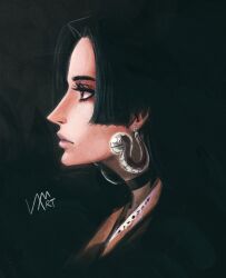 Rule 34 | 1girl, black background, black choker, black hair, boa hancock, choker, close-up, closed mouth, commentary, earrings, english commentary, eyelashes, highres, hime cut, jewelry, long hair, looking ahead, makeup, mascara, one piece, profile, signature, simple background, snake earrings, solo, vimart