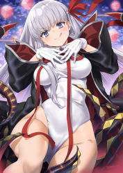 Rule 34 | 1girl, bare shoulders, bat wings, bb (fate), bb (fate) (all), bb (swimsuit mooncancer) (fate), bb (swimsuit mooncancer) (third ascension) (fate), black coat, blush, breasts, coat, cube, fate/grand order, fate (series), gloves, hair ribbon, highleg, highleg leotard, highres, large breasts, leotard, licking lips, long hair, looking at viewer, neck ribbon, open clothes, open coat, popped collar, purple eyes, purple hair, red ribbon, ribbon, smile, solo focus, tentacles, thighs, tongue, tongue out, tyone, very long hair, white gloves, white leotard, wings