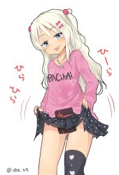 Rule 34 | 1girl, ahenn, black skirt, black thighhighs, blonde hair, blue eyes, blush, bow, box, clothes writing, collarbone, commentary request, gift, gift box, grecale (kancolle), hair bow, heart, heart print, jewelry, kantai collection, long hair, long sleeves, motion lines, necklace, pink bow, pink shirt, polka dot, polka dot skirt, shirt, simple background, single thighhigh, skirt, smile, solo, thighhighs, tongue, tongue out, twitter username, valentine, wavy hair, white background